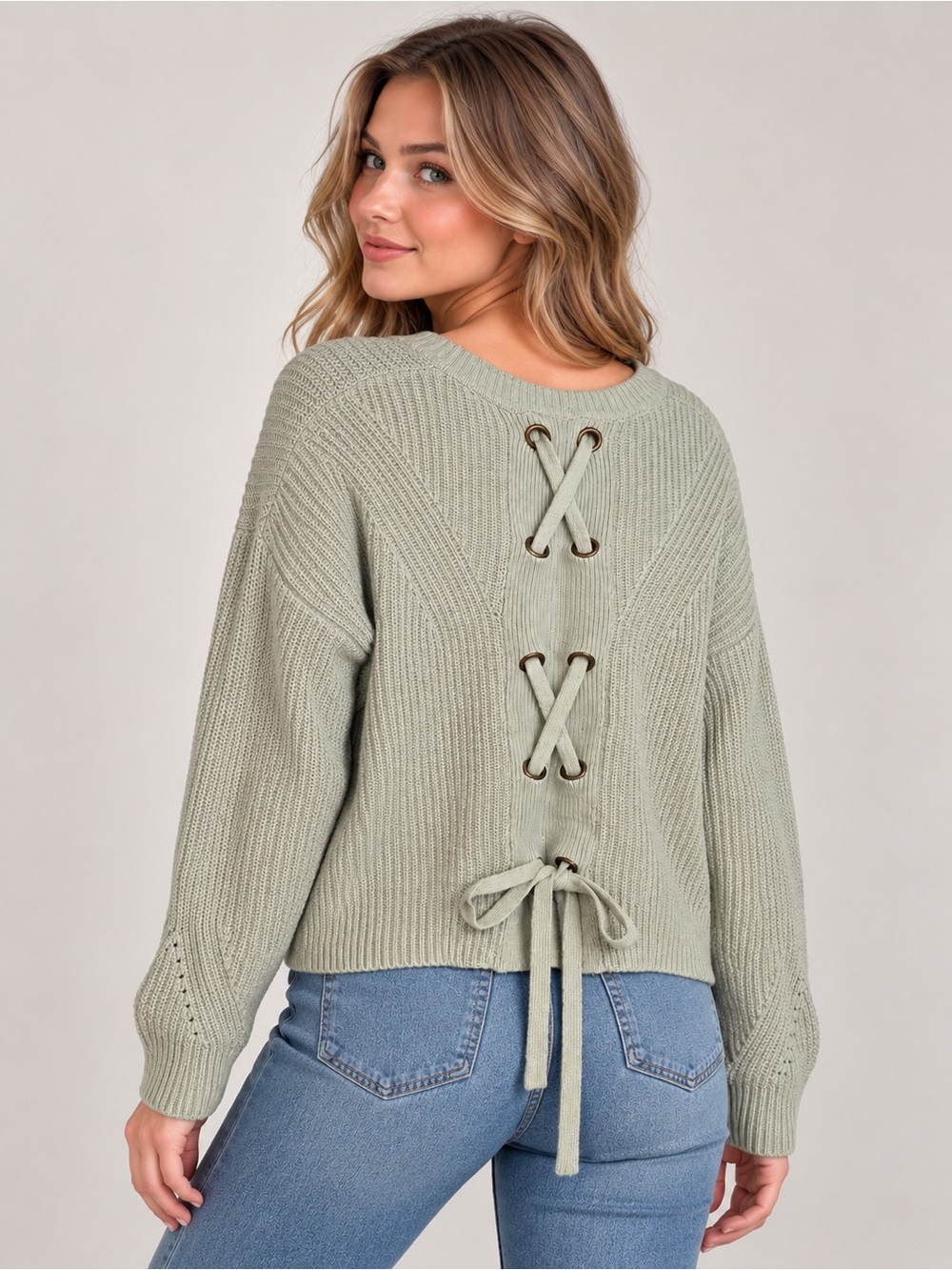 Lucky Brand Sage Green Lace-Up Back Knit Sweater
